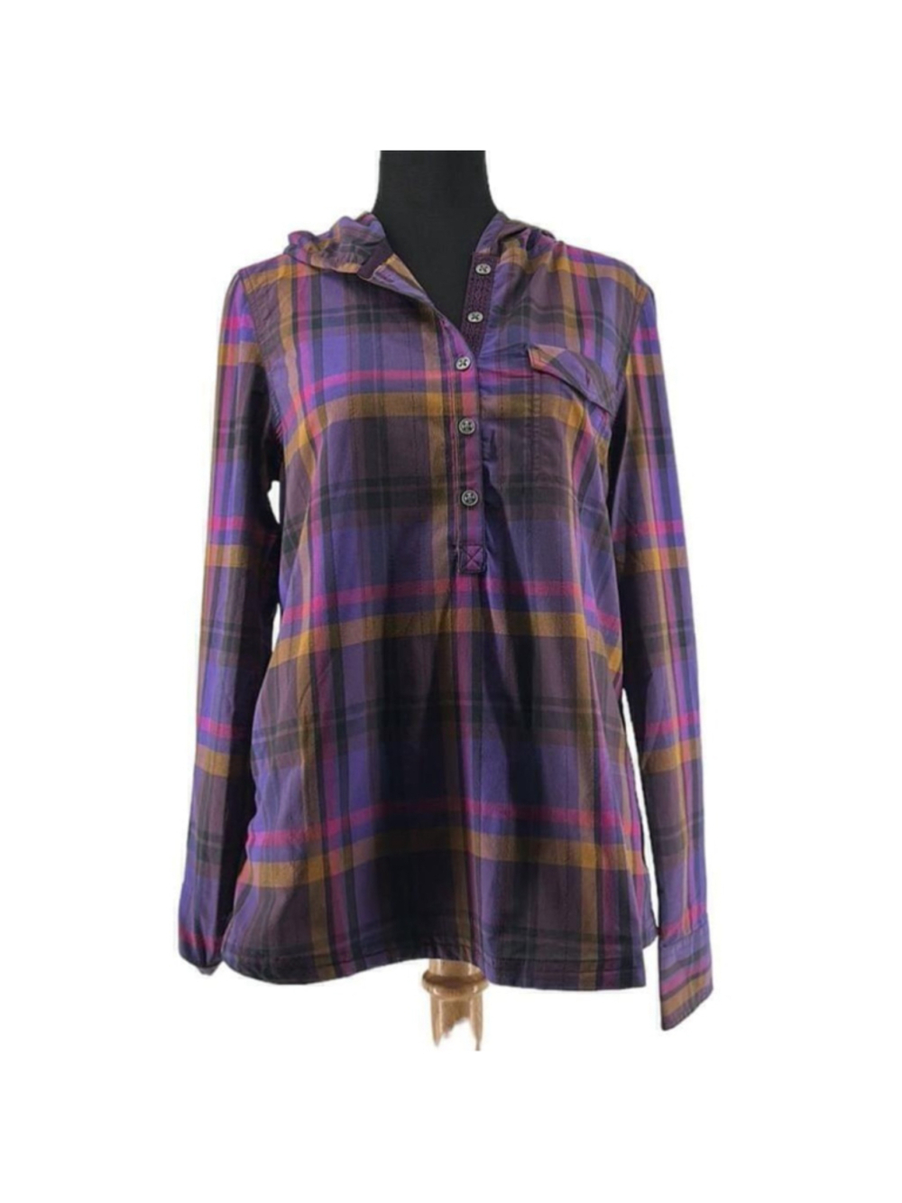 Prana Anja Top button down plaid dark plum quick dry upf 50 hiking outdoors sm
